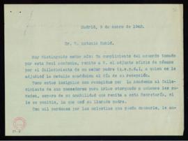 Minuta de la carta de Julio Casares a Antonio Rubió con la que remite un oficio de pésame por el ...