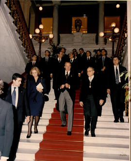 Los reyes Juan Carlos I y Sofía bajan las escaleras principales de la Academia