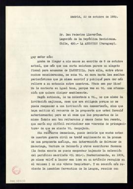 Minuta de la carta de Julio Casares a Federico Llaverías para responder a su carta del día cinco ...