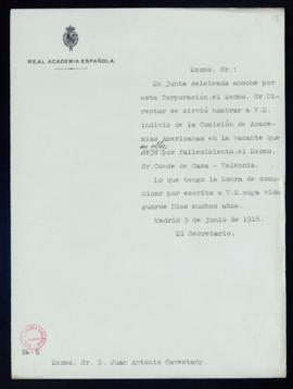 Copia sin firma del oficio del secretario [Emilio Cotarelo] a Juan Antonio Cavestany de comunicac...