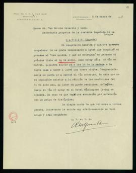 Carta de C. F. Adolf van Dam a Emilio Cotarelo en la que le pide que le diga si podrá recibirle e...