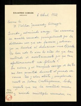 Carta de Eduardo Cobián a Melchor Fernández Almagro en la que le agradece su felicitación y le di...