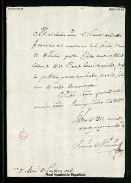 Carta de Antonio de Francia [y Urquiola] a Manuel de Lardizábal [y Uribe] en la que le comunica q...