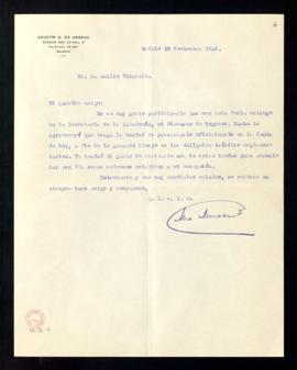 Carta de Agustín G. de Amezúa a Emilio Cotarelo y Mori por la que le informa que ha entregado su ...