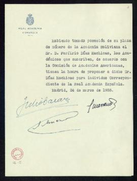 Propuesta de Porfirio Díaz Machicao como académico correspondiente