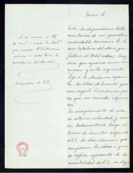Carta de Gabino Catalina del Amo al director [marqués de Molins] con la que remite un legado test...
