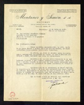 Carta del director gerente de Montaner y Simón a Melchor Fernández Almagro en la que acusan recib...