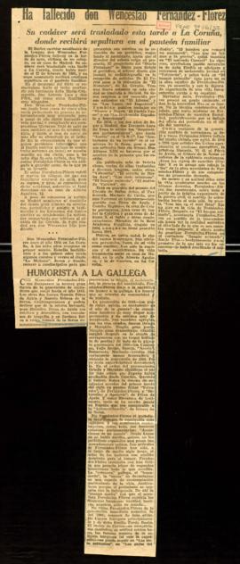 Recorte de prensa del diario Ya con la noticia titulada Ha fallecido don Wenceslao Fernández- Flórez