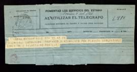 Telegrama de pésame de Salustiano Portela por el fallecimiento del director Miguel Asín