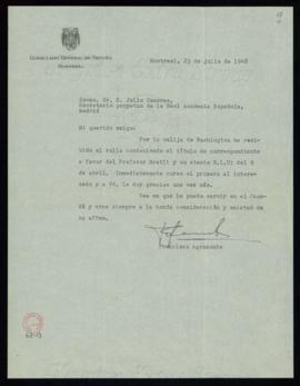 Carta de Francisco Agramonte Cortijo, cónsul general de España en Montreal, a Julio Casares en la...