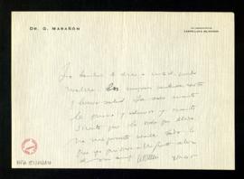Carta de Gregorio Marañón a Melchor Fernández Almagro en la que le desea las mejores venturas y b...