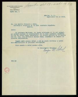 Carta de Enrique M.[Martínez] Sobral, secretario de la Academia Mexicana, a Emilio Cotarelo, secr...