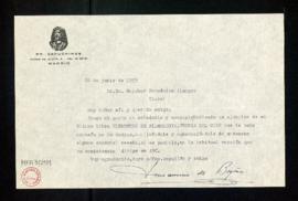 Carta de Mauricio de Begoña a Melchor Fernández Almagro con la que le envía dedicado un ejemplar ...