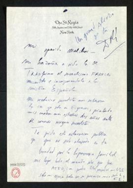 Carta de Salvador Dalí a Melchor Fernández Almagro en la que le dice que su hazaña ha sido transf...