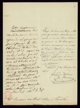 Carta de Ramón de Mesonero Romanos al secretario [Manuel Bretón de los Herreros] con la que remit...