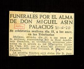 Recorte del diario ABC con la noticia Funerales por el alma de don Miguel Asín Palacios
