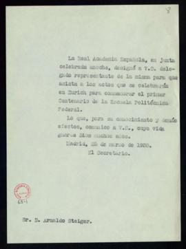 Copia del oficio de Julio Casares a Arnald Steiger de traslado de su designación como representan...