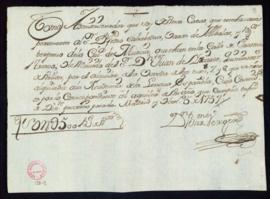 Recibo de 500 reales de vellón de Bartolomé Verger, administrador de unas casas en la calle Jacom...