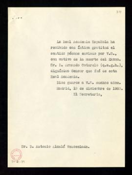 Copia sin firma del oficio del secretario a Antonio Alcalá Venceslada de traslado de gratitud por...