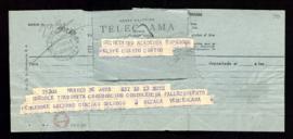 Telegrama de pésame de Alcalá Venceslada al secretario por la muerte de Emilio Fernández Galiano
