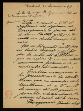 Minuta de la carta de Emilio Cotarelo a Enrique Fernández Granados, secretario de la Academia Mex...