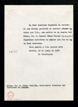 Copia sin firma del oficio de agradecimiento del secretario a Julio Guillén, secretario del Insti...