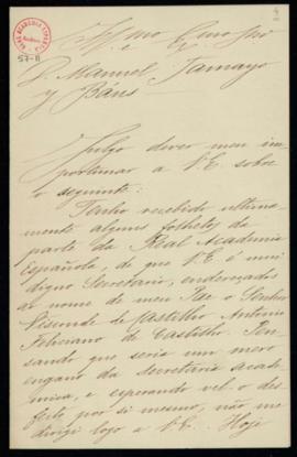 Carta del vizconde de Castilho [Júlio de Castilho] a Manuel Tamayo y Baus, de comunicación del fa...