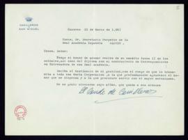 Carta del conde de Canilleros al secretario en la que acusa recibo del diploma con el nombramient...