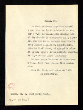 Copia sin firma del oficio de Julio Casares a José María Pemán de traslado del agradecimiento de ...