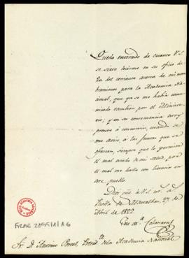 Carta de José María Calatrava a Antonio Porcel, presidente de la Academia Nacional, en la que acu...