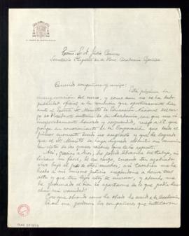 Carta de Leopoldo Eijo Garay a Julio Casares en la que le informa que su renuncia al cargo de pre...
