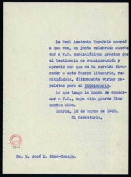 Minuta del oficio del secretario a José Díaz-Caneja de traslado del agradecimiento de la junta po...