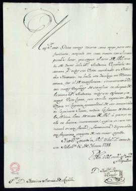 Carta de Francisco Pérez Bayer a Francisco Antonio de Angulo en la que le ruega que transmita a l...