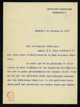 Carta de Eduardo Wilde al marqués de Gerona en la que le informa del envío de seis volúmenes de s...