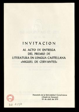 Invitación al acto de entrega del Premio de Literatura en Lengua castellana Miguel de Cervantes