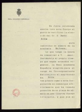 Copia del oficio del secretario a Victoriano Salado Álvarez, secretario de la Academia Mexicana, ...