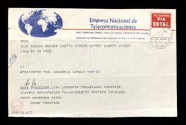 Telegrama de César Revoredo, desde la Casa de la Tradición, al presidente de la Real Academia Esp...