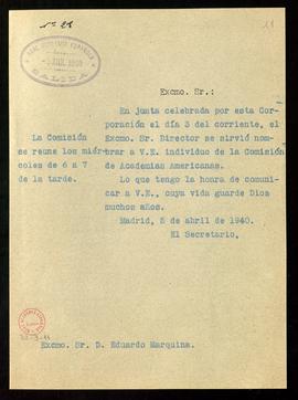 Copia sin firma del oficio del secretario a Eduardo Marquina de traslado de su designación como m...