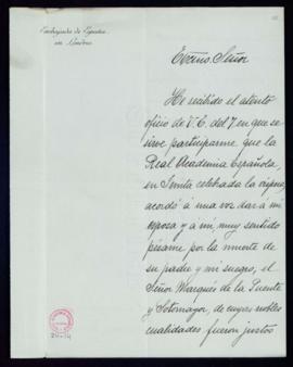 Carta del conde de Casa Valencia al secretario, Manuel Tamayo y Baus, de agradecimiento a la Acad...