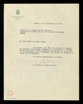 Carta de Federico Sopeña Ibáñez a Alonso Zamora Vicente para informarle de que el funeral por Fra...