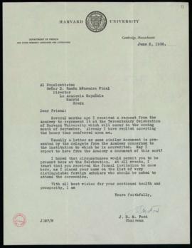 Carta de J. D. M. Ford a Ramón Menéndez Pidal en la que le pregunta si la Academia enviará a la U...