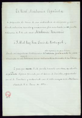 Minuta del diploma del académico honorario Luis I, rey de Portugal