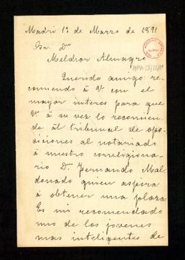 Carta de Emilio Castelar a Melchor Almagro en la que le ruega que recomiende a Fernando Maldonado...