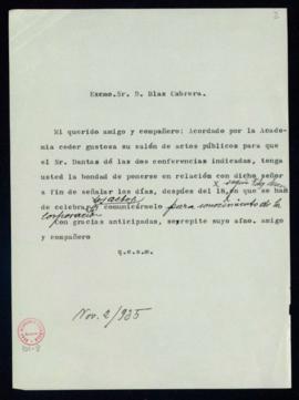 Minuta de la carta [del secretario, Emilio Cotarelo] a Blas Cabrera en la que le pide que le indi...