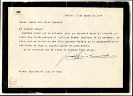 Carta de Juan Ignacio Luca de Tena, marqués de Luca de Tena, a Julio Casares en la que le pregunt...