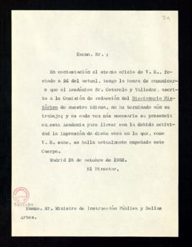 Copia sin firma del oficio del director [Ramón Menéndez Pidal] al ministro de Instrucción Pública...
