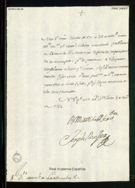 Carta de José (ileg.) a Manuel de Lardizábal [y Uribe] en la que le comunica que ha recibido el c...