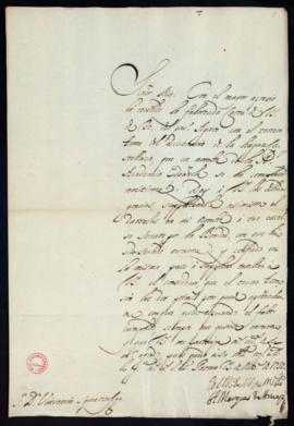 Carta del marqués de Arienzo a Vincencio Squarzafigo de agradecimiento por el envío del tercer to...
