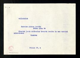 Copia del telegrama de Julio Casares a Narciso Alonso Cortés en el que le informa de que ha sido ...