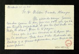 Carta de (ileg.) Heredia a Melchor Fernández Almagro en la que le agradece su voto, una recompens...